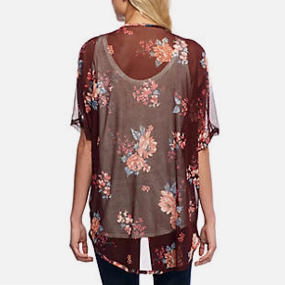 Mesh Kimono Floral Knit Wine Rose Relaxed Sheer Boho Size Large Polly & Esther - Picture 2 of 12
